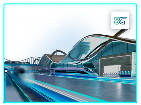 A futuristic train station featuring a sleek high-speed train and an artistic wave-shaped roof design. The environment emphasizes advanced technology with a focus on 5G connectivity. Bright neon accents enhance the modern aesthetic.