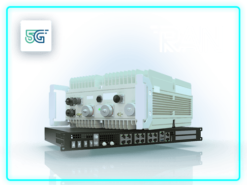 A 3D rendering of a telecommunications device labeled "TRAN" designed for 5G networks, featuring multiple ports and a compact design. The background has a glowing blue border.