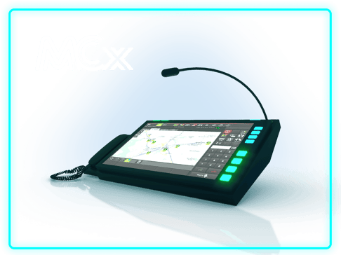 A modern digital dispatch console featuring a large touchscreen display, a microphone attachment, and various function buttons, set against a glowing blue border.