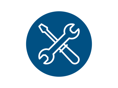 Blue circular icon featuring a crossed wrench and screwdriver in white outline.