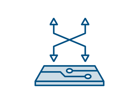 An icon depicting a surface with arrows diverging in multiple directions, suggesting dispersion or distribution.