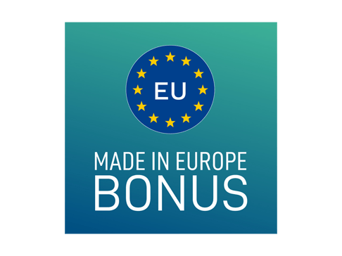 Logo mit den Worten "EU MADE IN EUROPE BONUS" und einem blauen Kreis, umgeben von gelben Sternen.