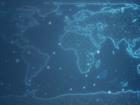 A digital world map illuminated with a blue glow, featuring a network of glowing dots and lines representing data connections.