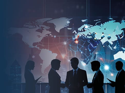 Silhouettes of business professionals engaged in discussion, with a digitally rendered world map and network connections in the background.