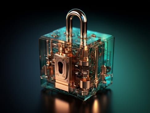 Ein transparentes, futuristisches Schloss mit sichtbaren mechanischen und elektronischen Komponenten, das auf einer glatten, dunklen Oberfläche steht.