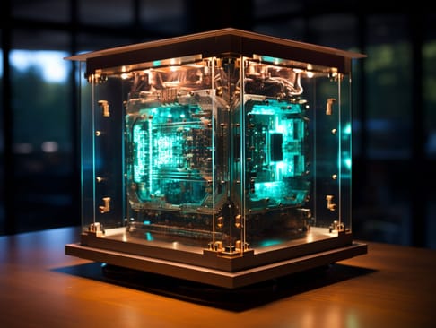 Ein futuristischer Computer in einer gläsernen Box, beleuchtet mit grünem LED-Licht, steht auf einem Holztisch. Die Details der internen Elektronik sind sichtbar und erzeugen einen techy visuelle Effekt.