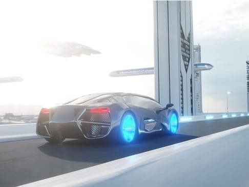Futuristic car with glowing blue wheels drives on a sleek, elevated road against a bright, high-tech cityscape with hovering vehicles in the background.