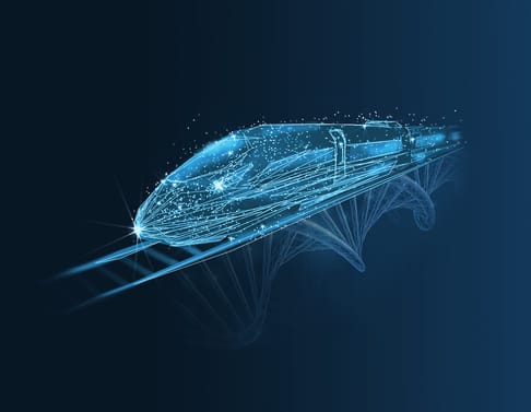 A futuristic, glowing train depicted in a digital, wireframe style, traveling along a track with particles and light effects illustrating speed and innovation.