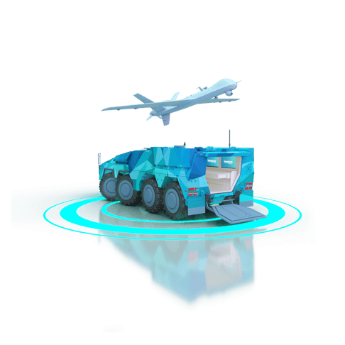 A stylized military vehicle in blue and green shades is positioned on a glowing circular platform. Above it, an unmanned aerial vehicle (drone) flies, creating a sense of advanced technology and strategic operations.