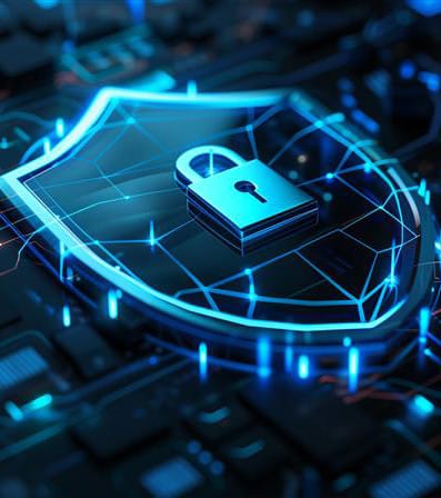 A glowing shield symbol with a padlock, surrounded by digital circuitry and blue lights, representing cybersecurity and data protection.