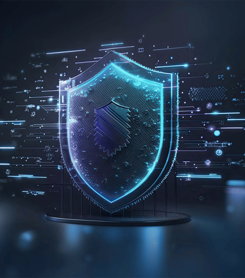 A glowing blue shield with a digital texture, set against a dark, technology-themed background featuring abstract lines and symbols.