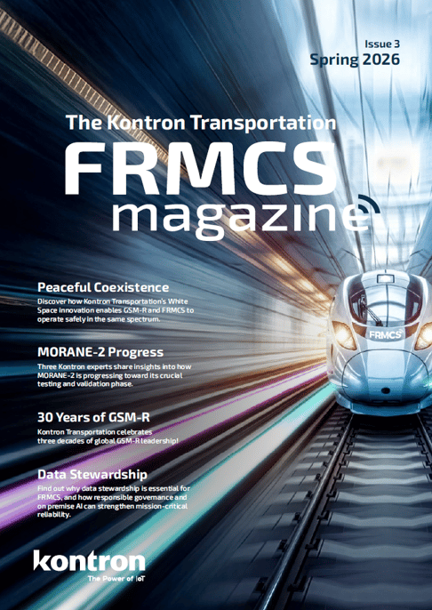 A magazine cover featuring a high-speed train in motion against a blurred background, with the title "FRMCS Magazine" prominently displayed. The cover includes sections on coexistence in transportation, progress on MORANE-2, and data stewardship, along with the publication issue and date.