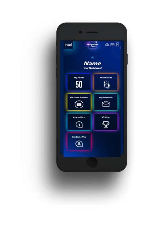 A smartphone displaying a dashboard interface with sections including "My Points," "My Offers," "QR Code Scanner," "My Briefcase," "Learn More," "Pricing," and "Contact a Rep." The background features a gradient of blue and purple hues.