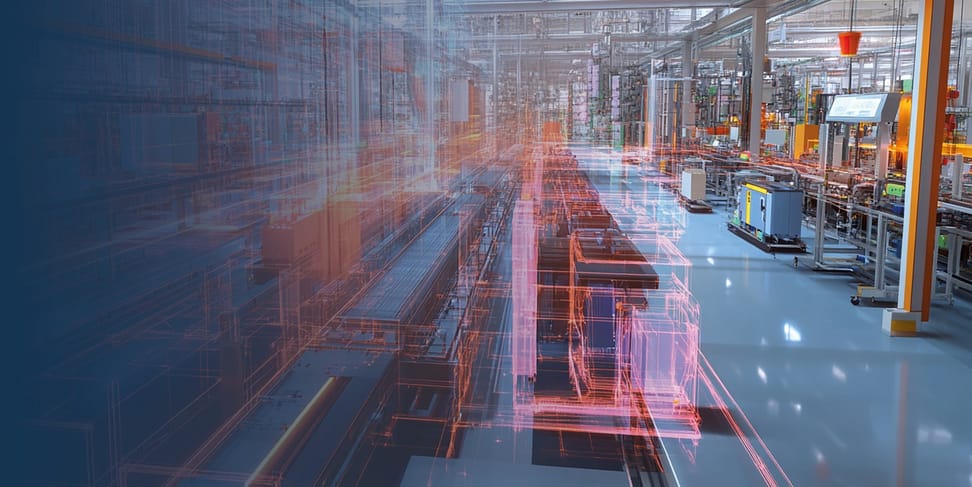 Eine moderne Fabrikhalle mit einem digitalen Overlay von technischen Linien, die die Produktionslinien und Maschinen darstellen. Der Boden ist hellblau und die Umgebung wirkt futuristisch.