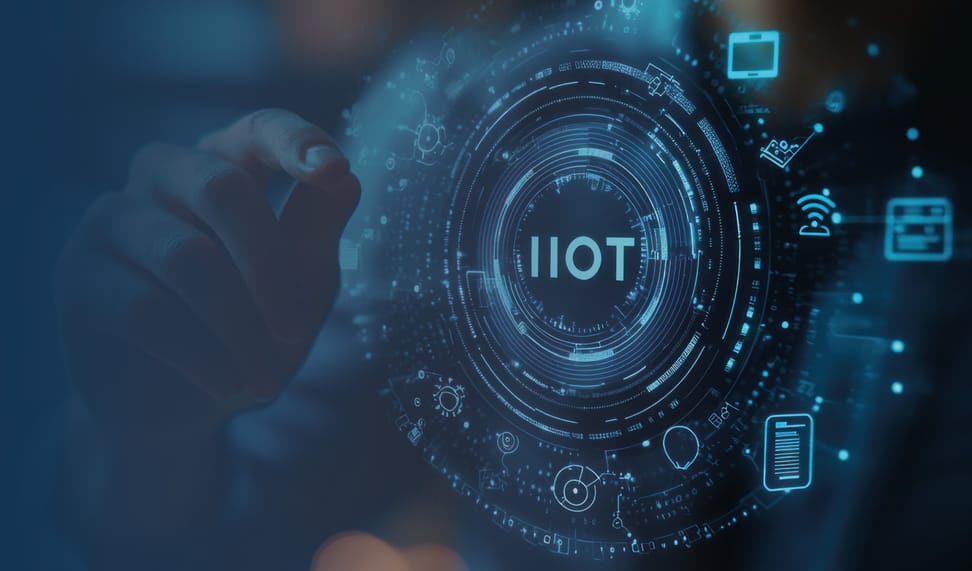 Eine Hand zeigt auf einen digitalen Kreis mit dem Text "IIoT" in der Mitte. Rund um den Kreis sind verschiedene Symbole und Grafiken, die Technologie und Vernetzung darstellen.