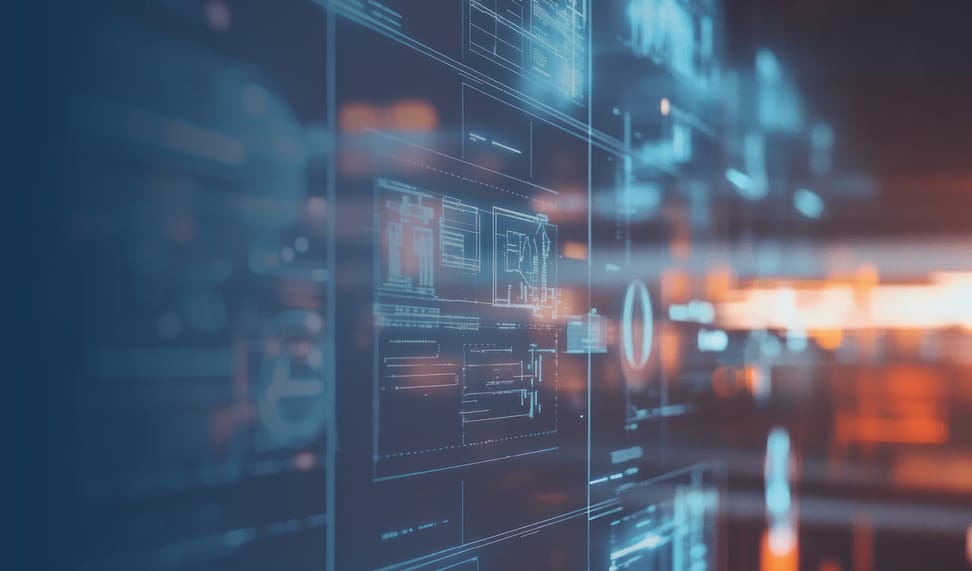 Abstrakte Darstellung von technologischen Diagrammen und Datenvisualisierungen auf einem digitalen Bildschirm. Blau- und Orangetöne schaffen eine moderne, futuristische Atmosphäre.