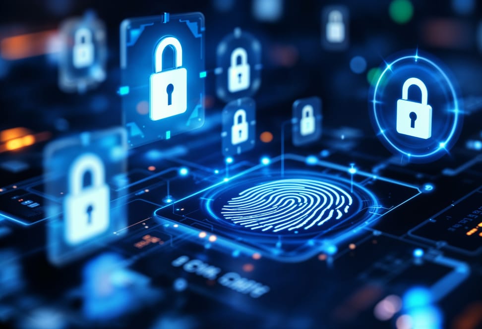 A digital interface featuring glowing lock icons and a fingerprint, representing cybersecurity and data protection.