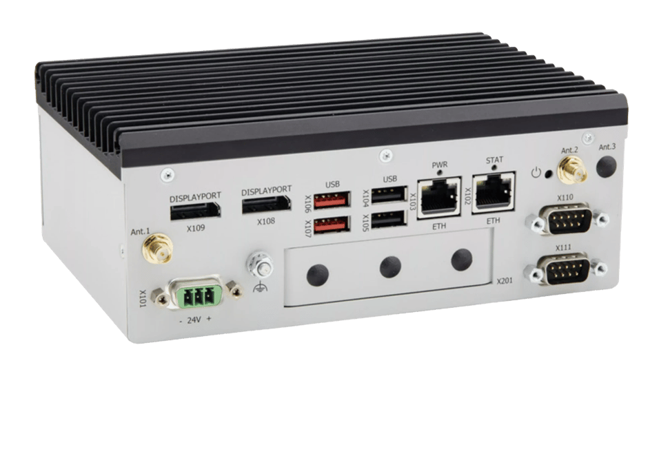 A compact industrial computer with multiple ports including DisplayPort, USB, Ethernet, and serial connections, featuring a finned metal housing for cooling.
