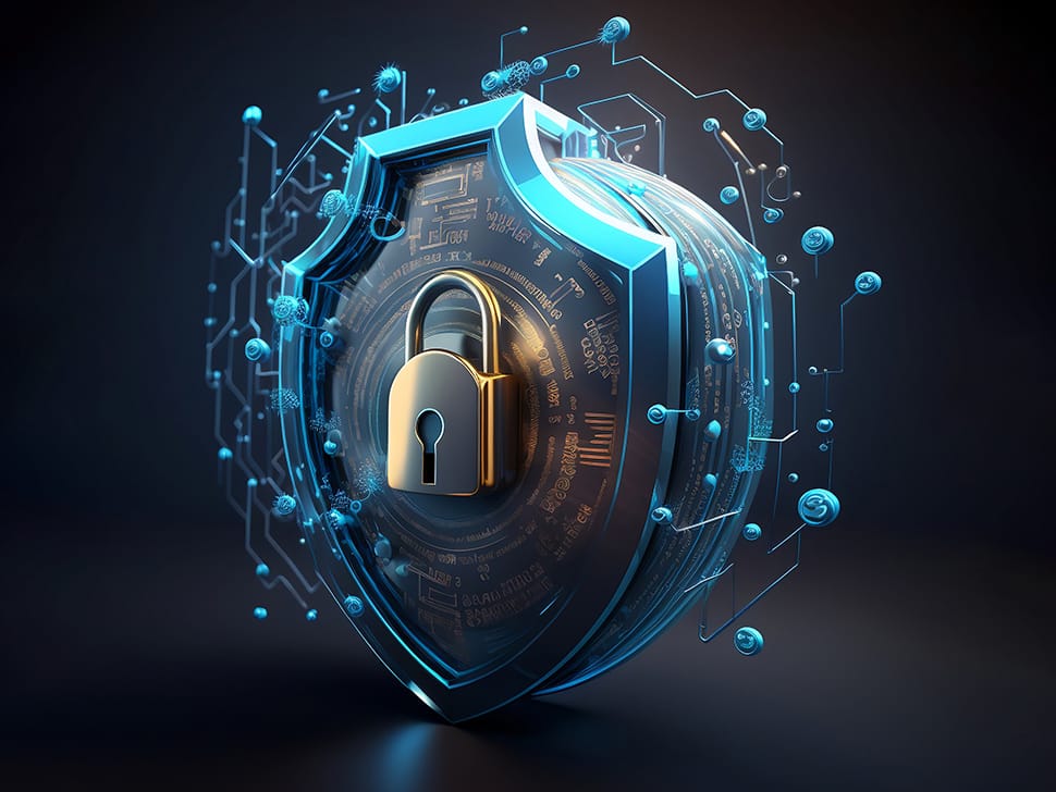 A three-dimensional shield with a golden padlock at its center, surrounded by blue digital circuits and glowing orbs, symbolizing cybersecurity and data protection.