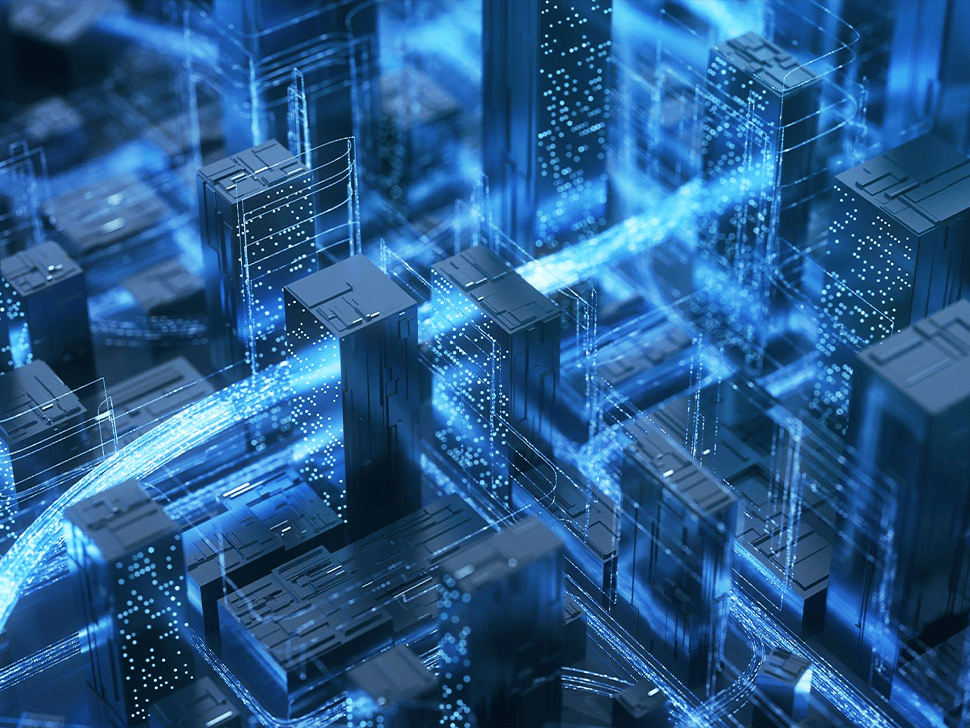 A futuristic cityscape rendered in digital blue tones, featuring tall, sleek buildings interspersed with glowing lines and data streams.